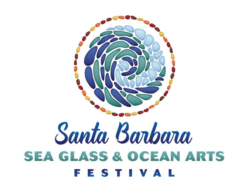 The logo of Santa Barbara Sea Glass & Ocean Arts Festival with a spiralling wave made from sea glass.