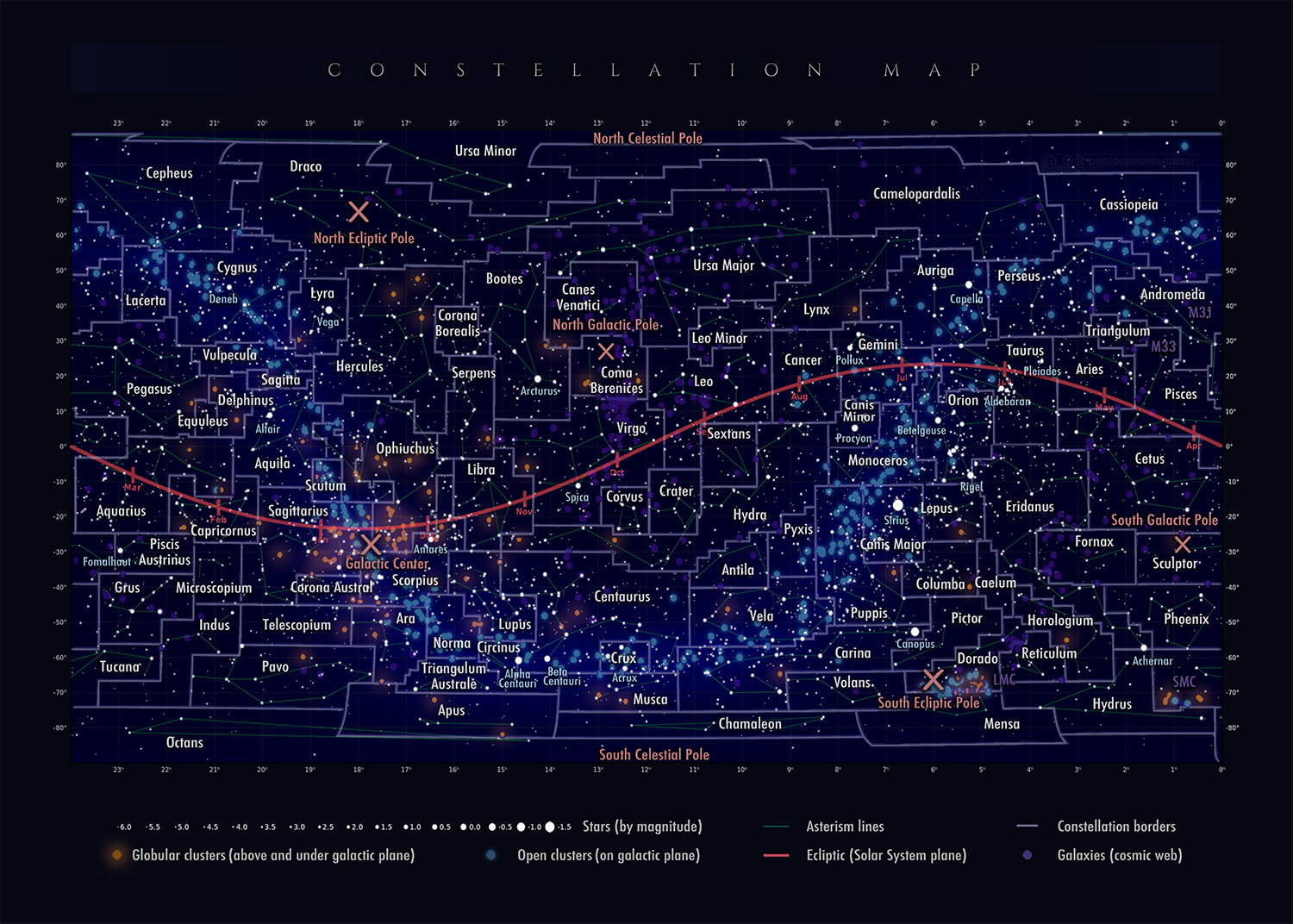 A dark blue and black map of star constellations for backyard star gazing.