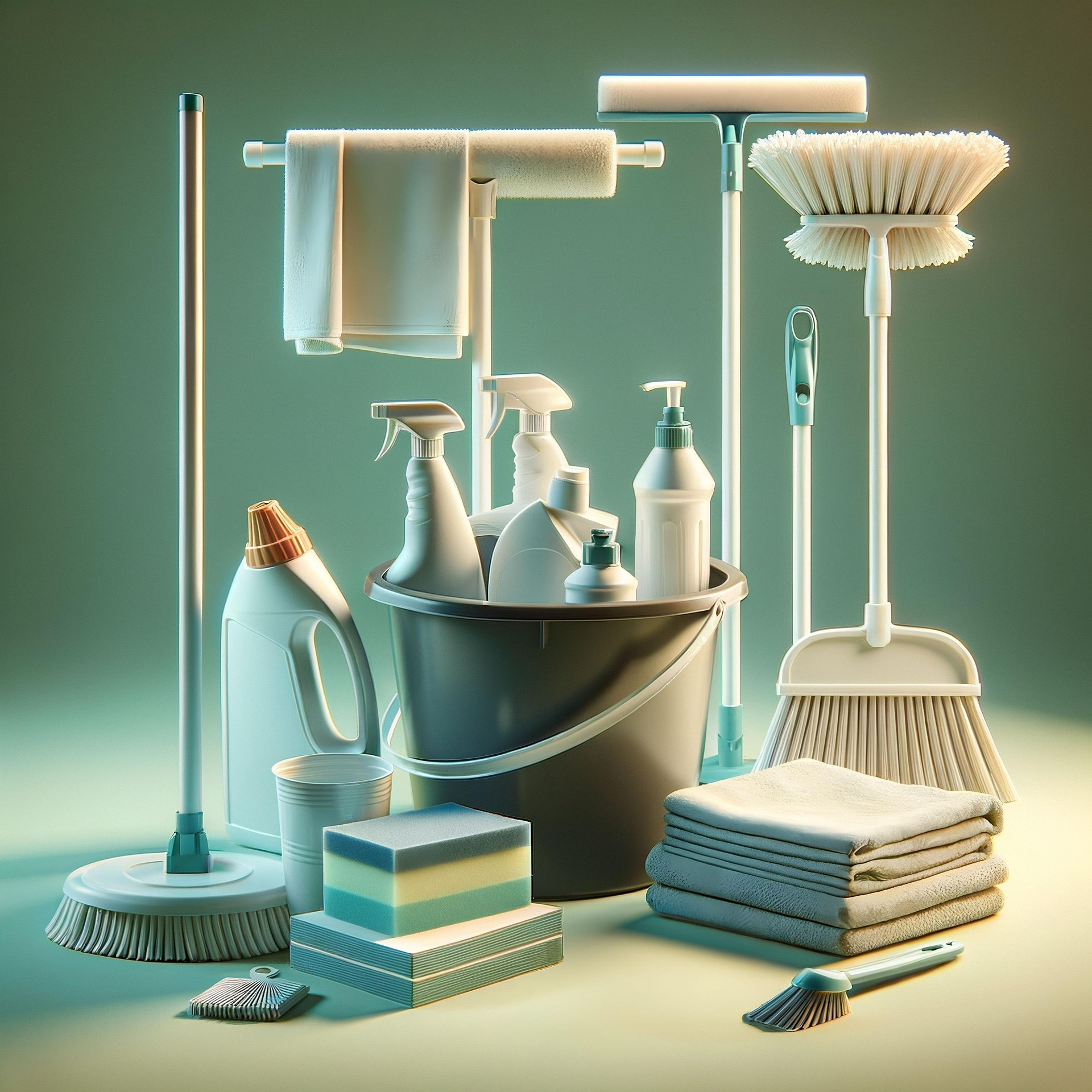 A bunch of cleaning supplies for homes.