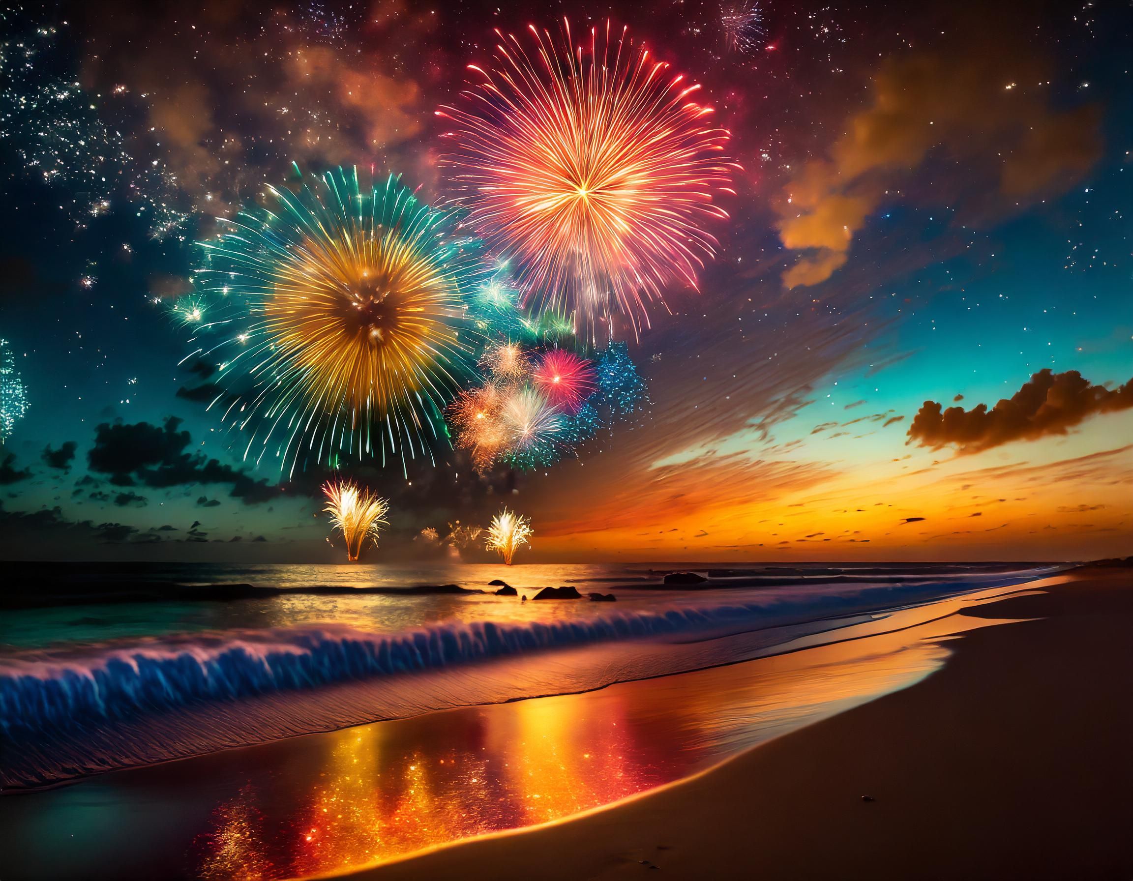 Colorful fireworks over the beach with the water reflecting the colors