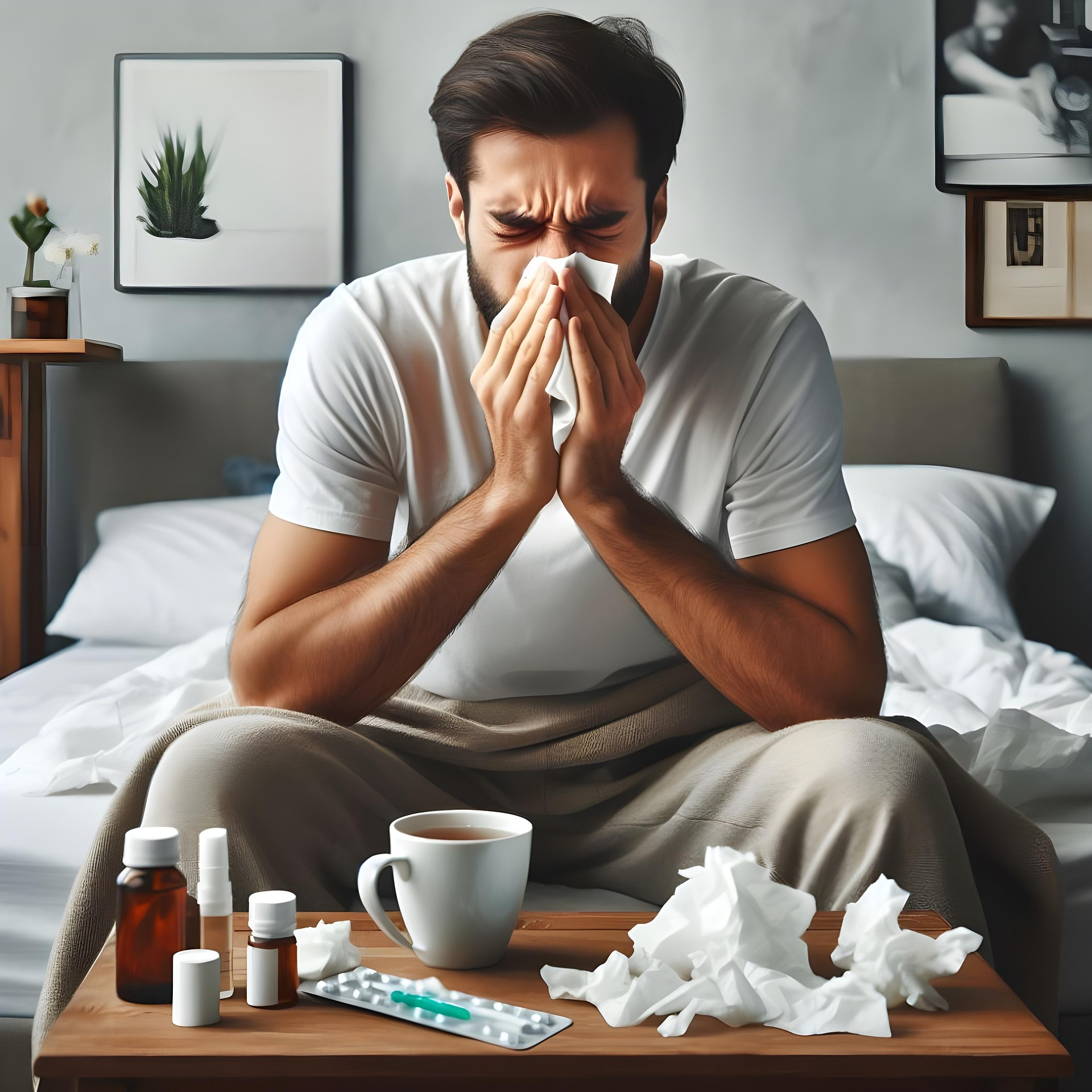 A man sneezing into a tissue at home with a tray of medicine in front of him.