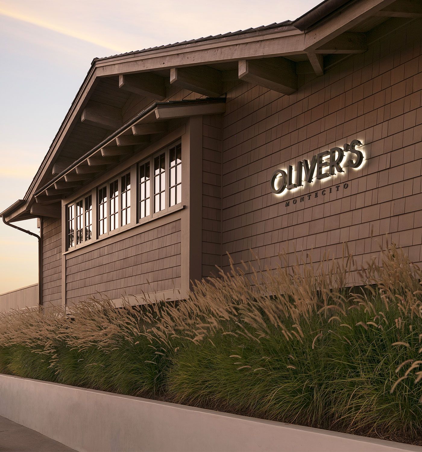 The brown shingle exterior of Oliver's Restaurant in Montecito