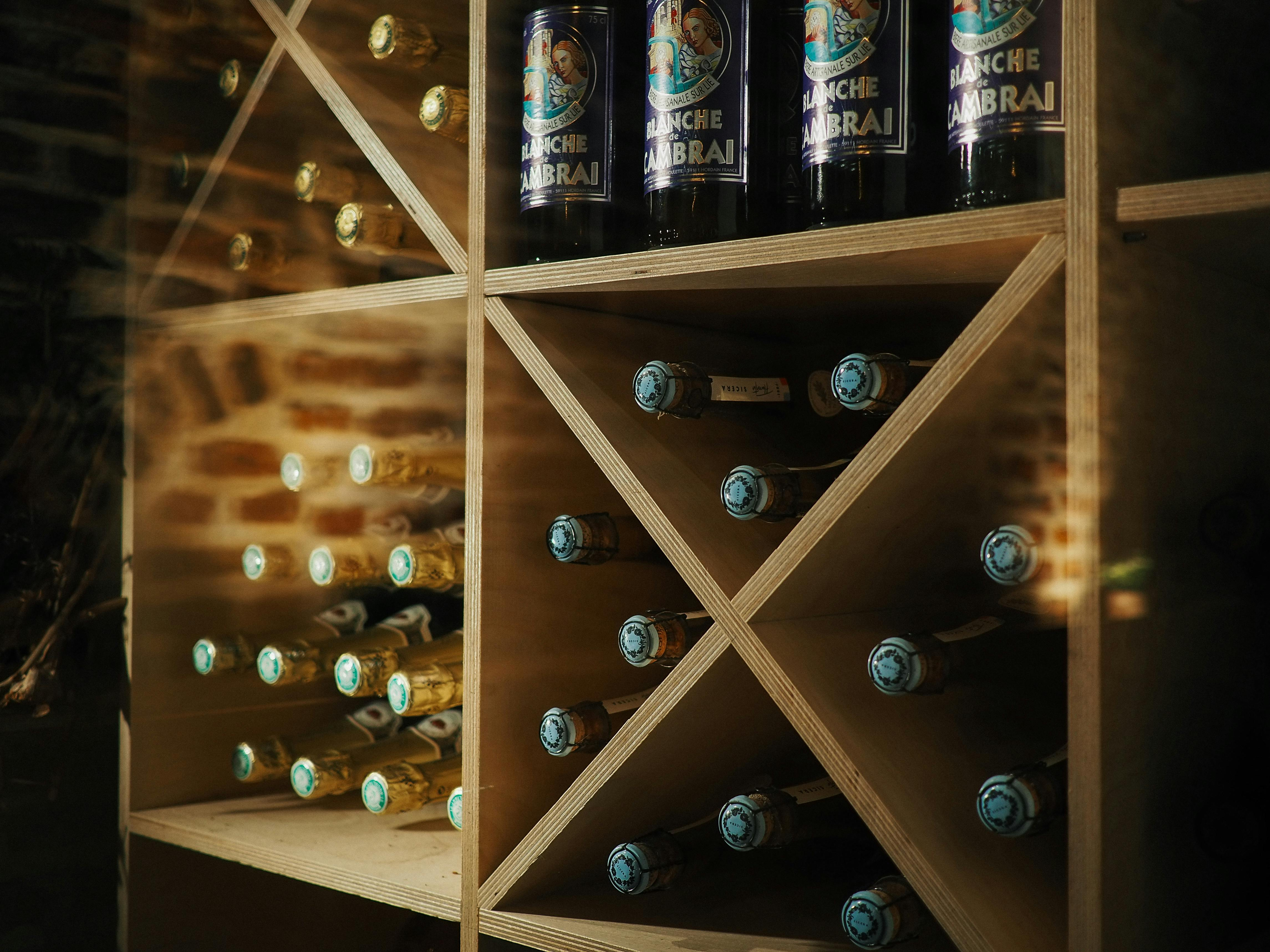 Fine wines on a wine rack in storage.
