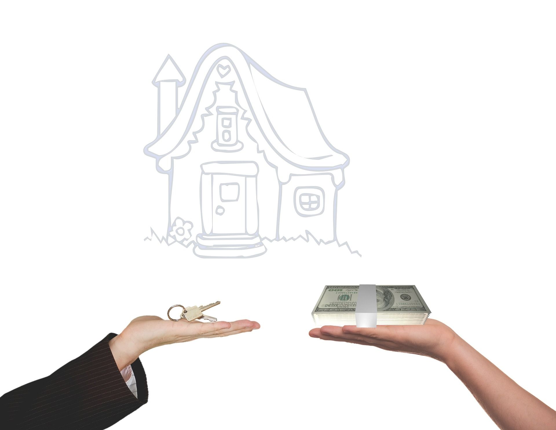 A line drawing of a home floating above two hands holding keys and cash.