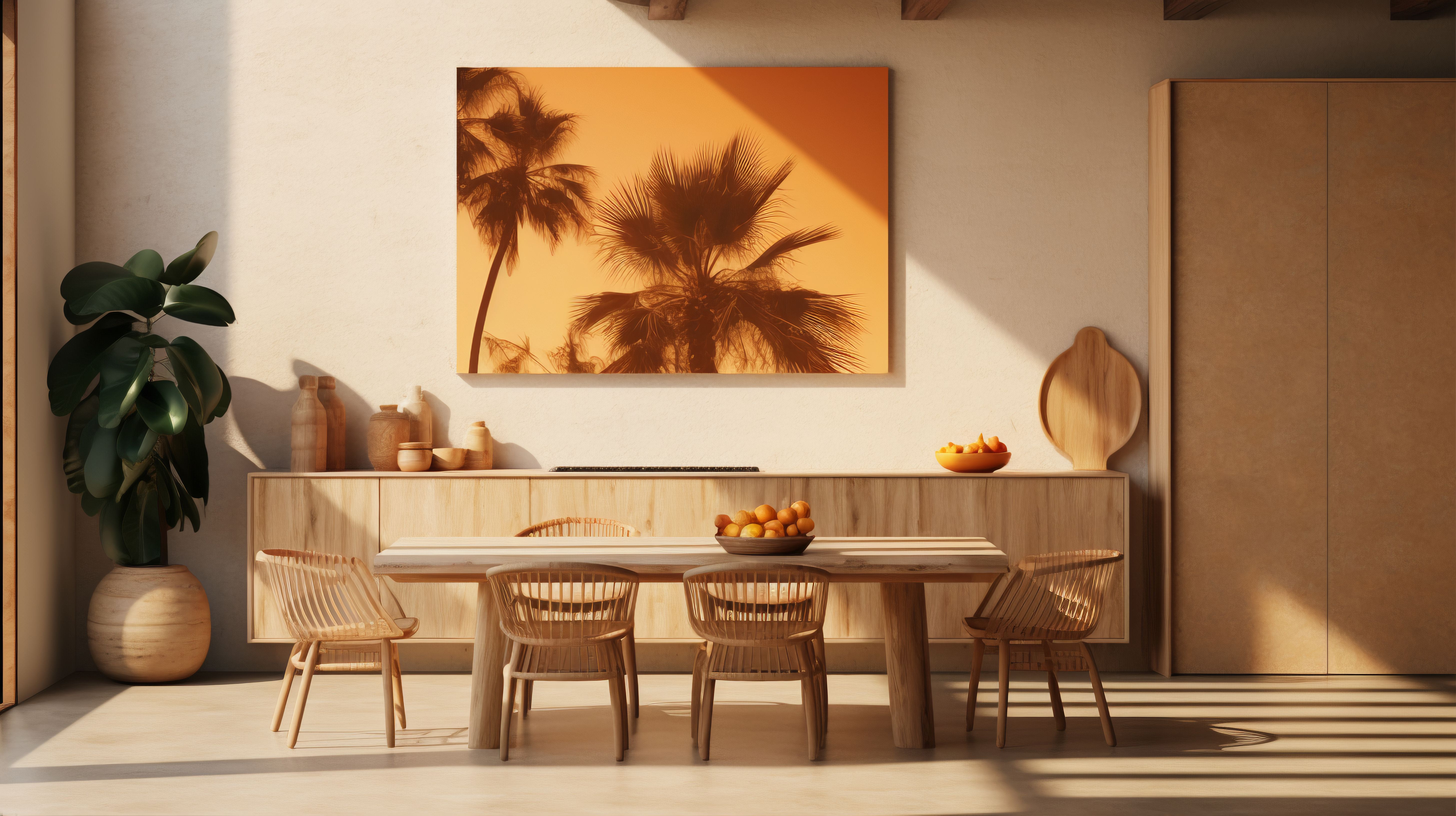 mid-century furnished dining room with palm tree picture behind teak chairs and dining table, with a ficus plant in the corner and a long credenza