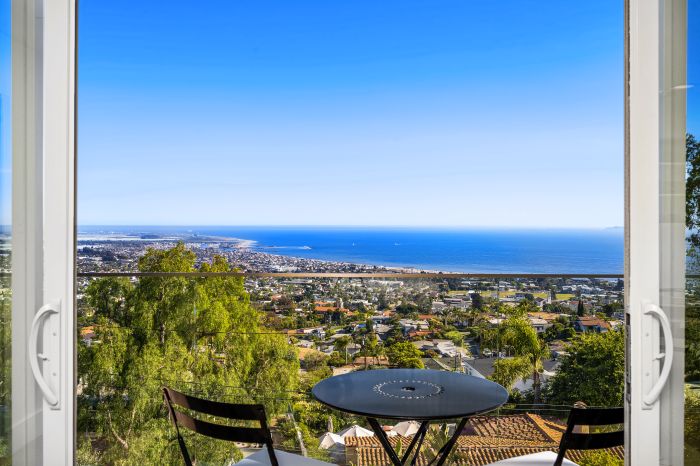 Panoramic ocean and city view from the balcony of a high-end Ventura home.