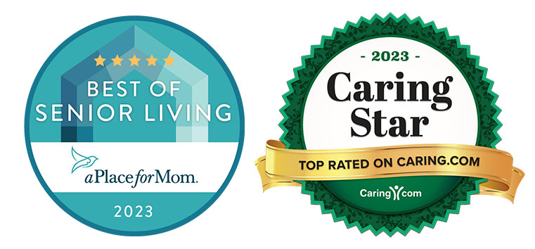 A Place for Mom badge for best of senior living and Caring.com Caring Star badge