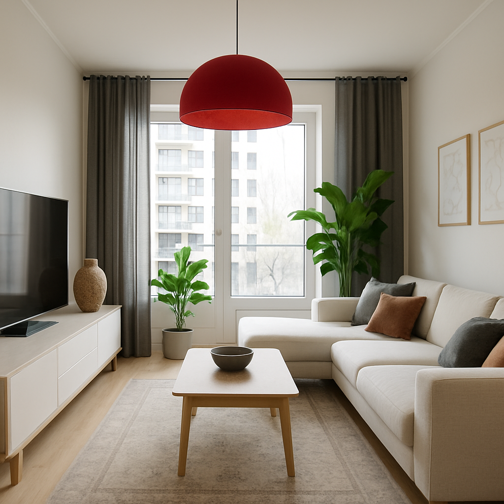 Scandinavian Living Room with Bold Red Pendant