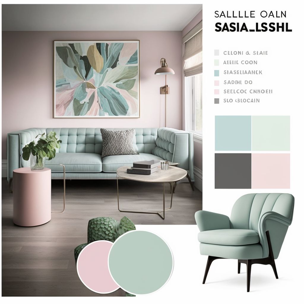 Modern Living Room: Light Pink, Blue & Green Harmony