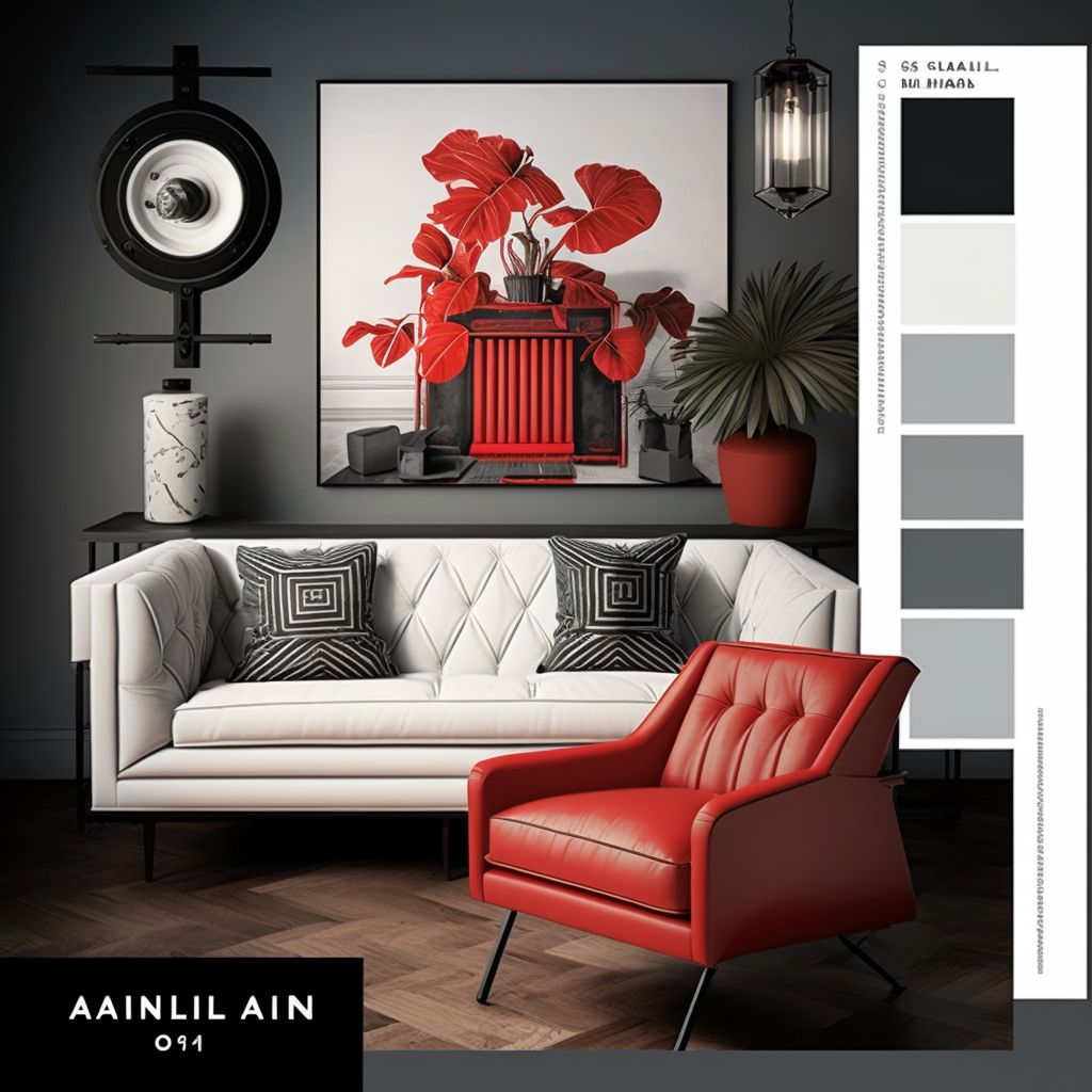 Industrial Living Room with White, Black & Red Accents