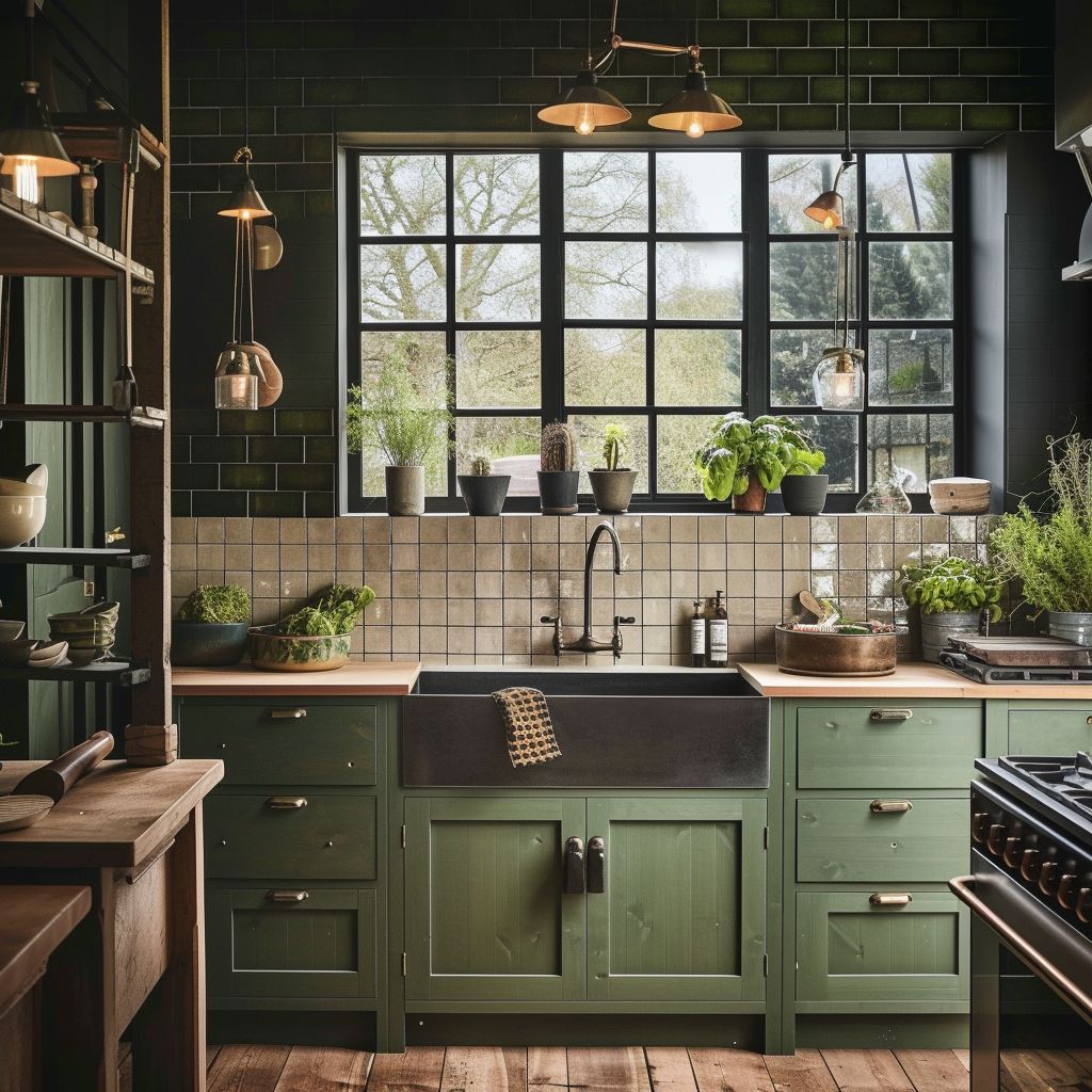 Industrial Kitchen Design with Forest Green & Dusty Rose Accents