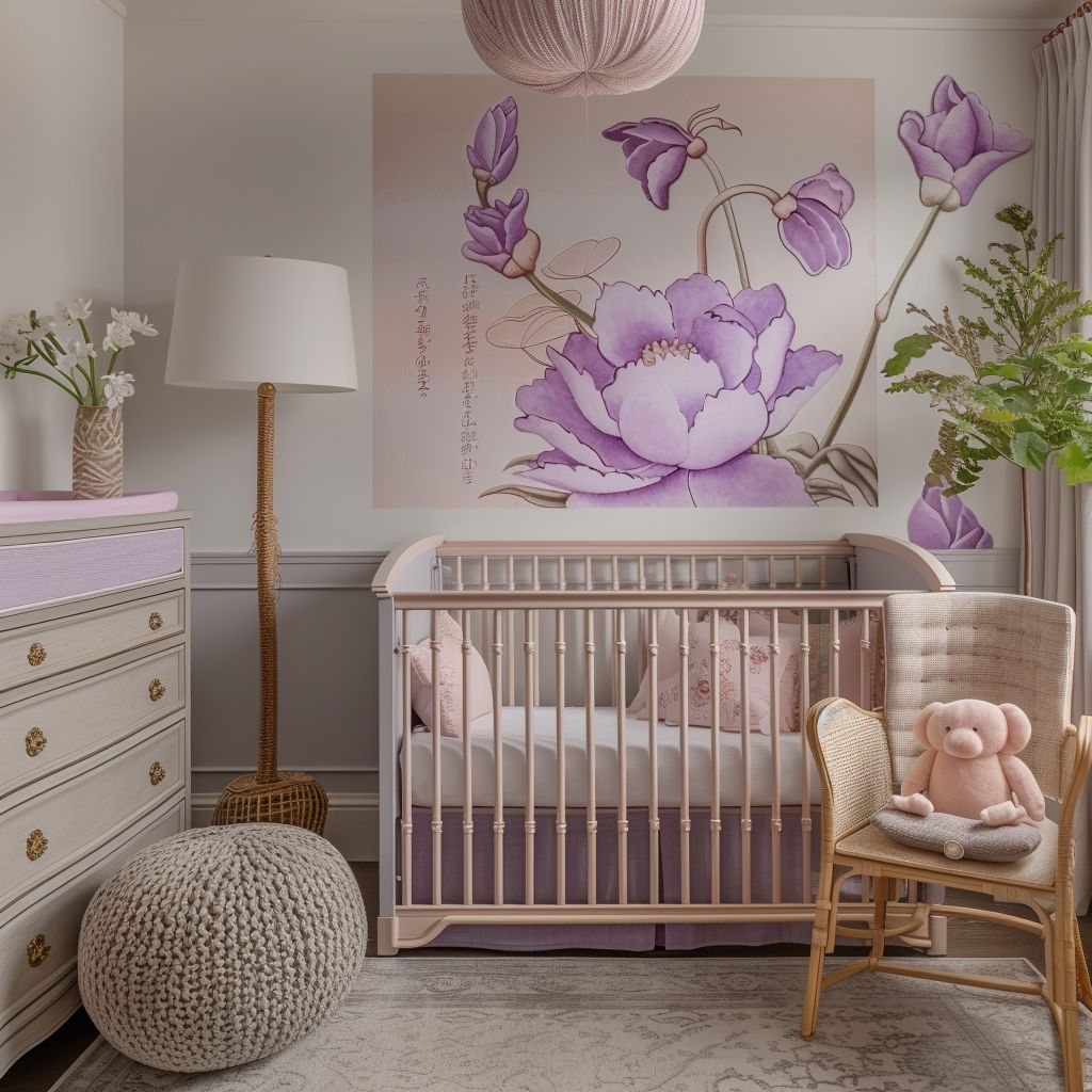 Serene Asian Zen Nursery with Lavender and Light Pink Hues