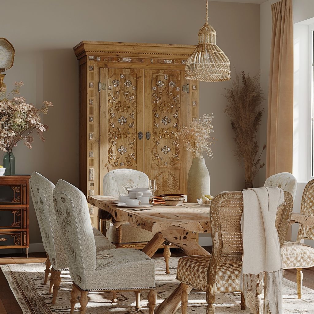 Bohemian Dining Room Design with Tan, Beige, and Ivory Tones