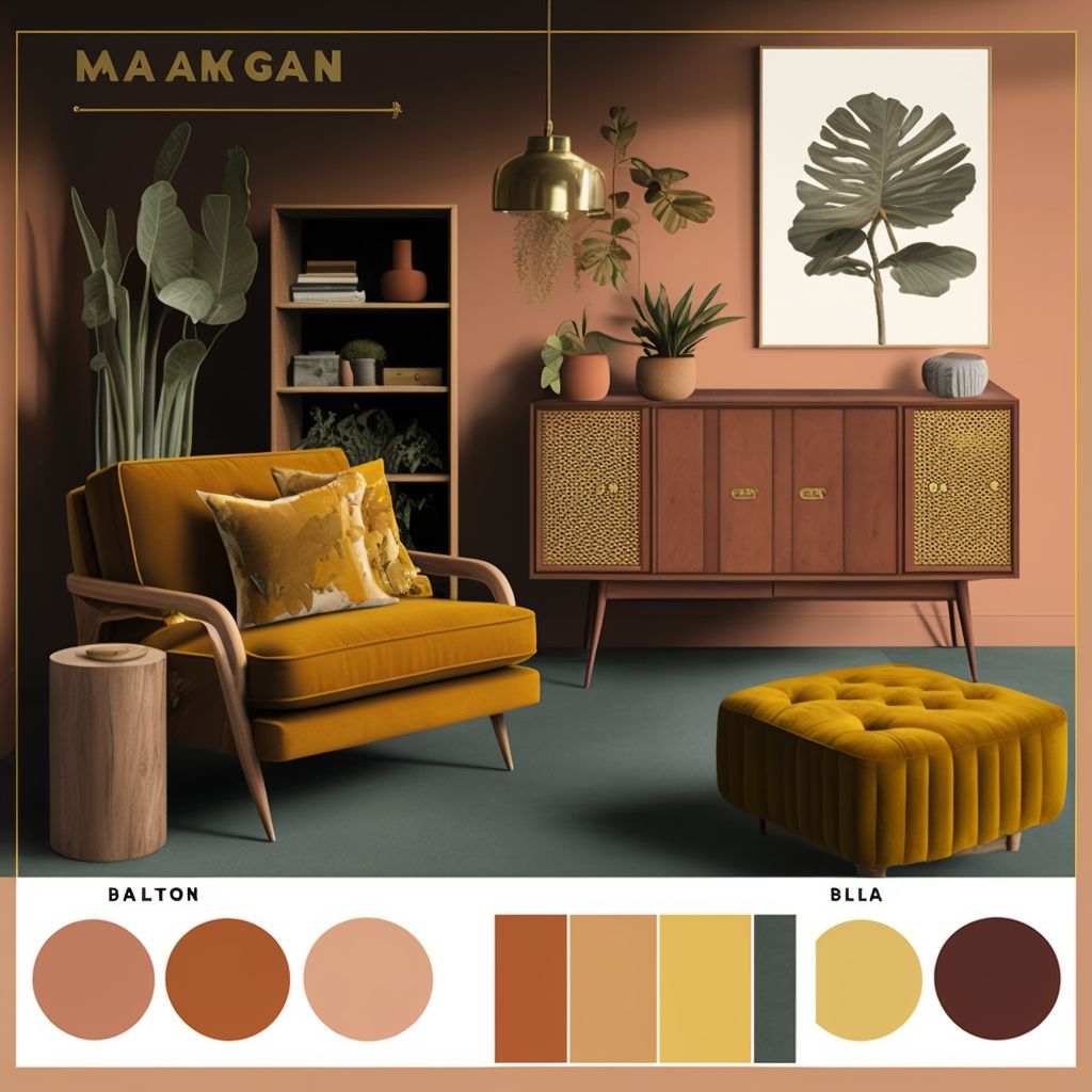 Mid-Century Modern Living Room: Rust, Terra Cotta & Mustard Yellow