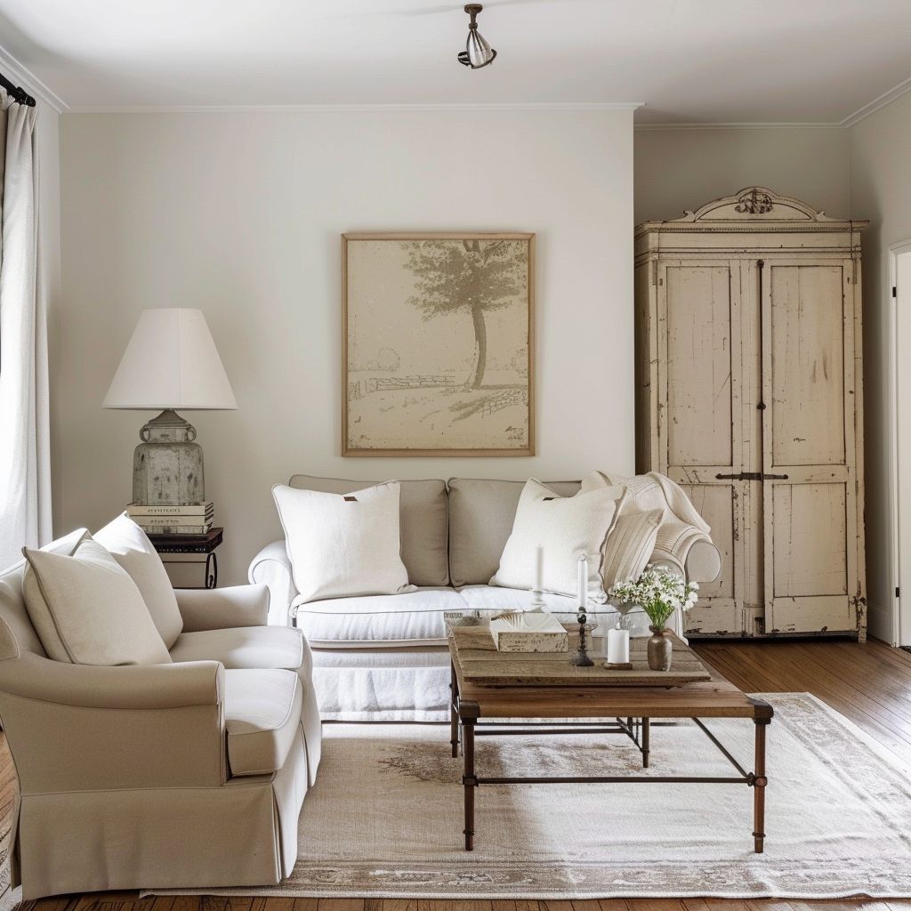 French Country Living Room: Elegance in White, Beige & Light Brown