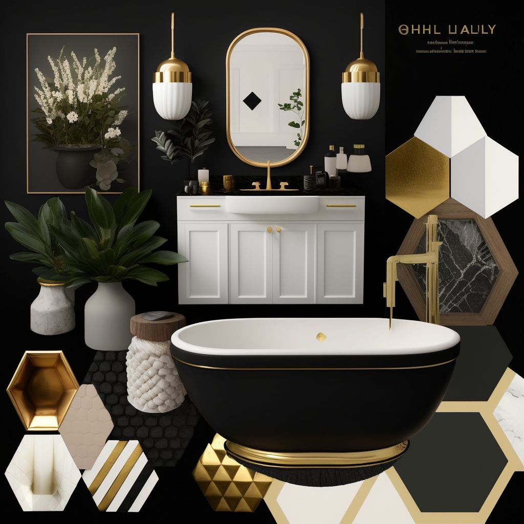 Mid-Century Modern Bathroom: Black, Gold & White Elegance