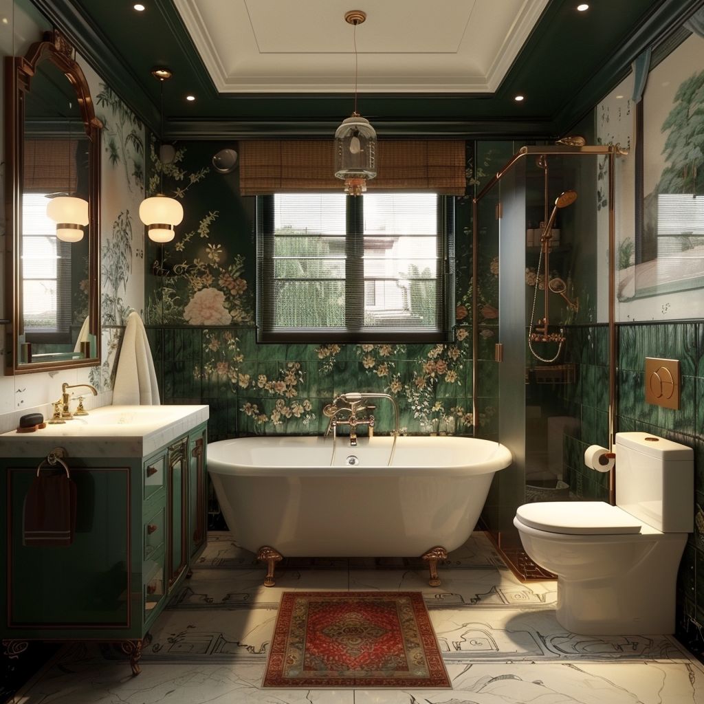 Transformative Asian Zen Bathroom: Forest Green & Dusty Rose