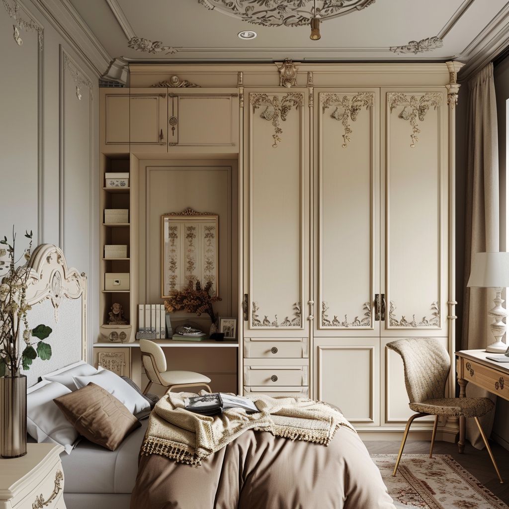 Elegant Victorian Bedroom Design with Tan, Beige & Ivory Hues