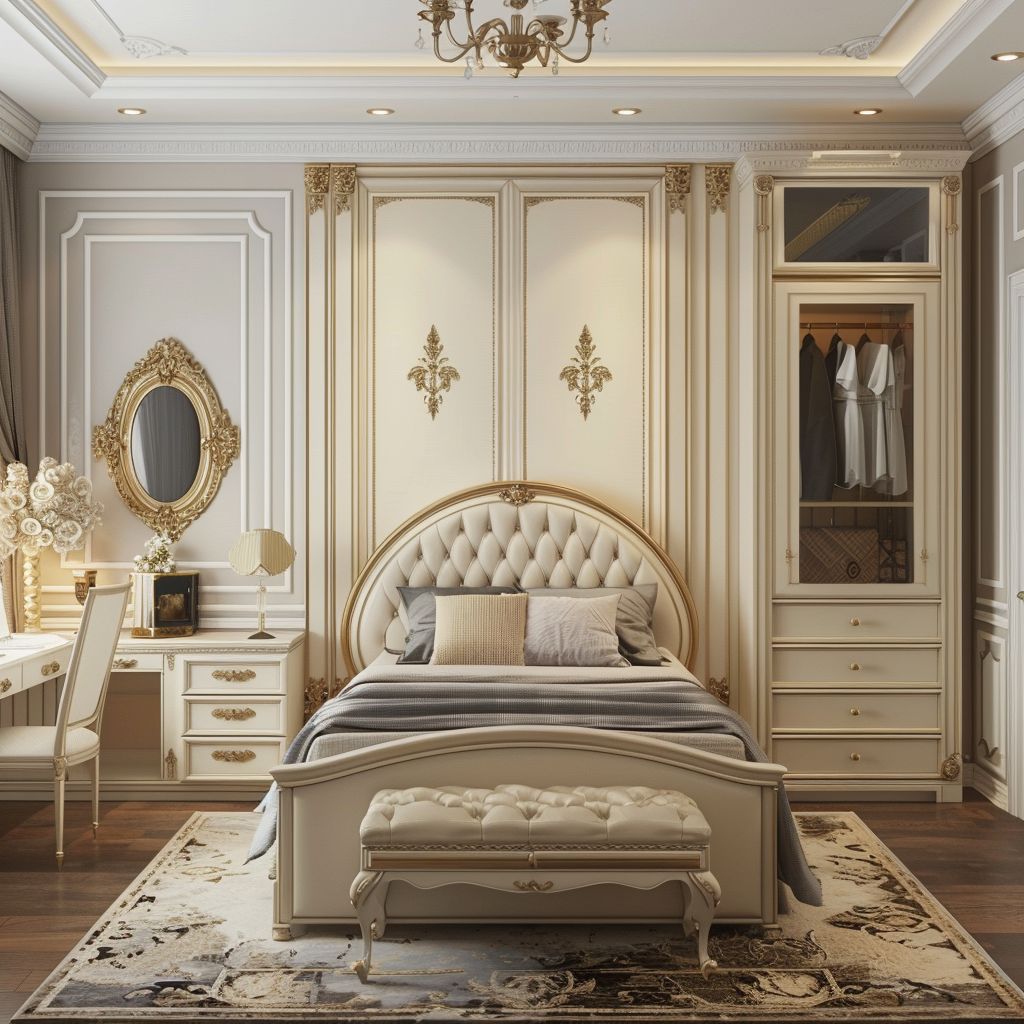 Victorian Bedroom Elegance: Tan, Beige, and Ivory Design