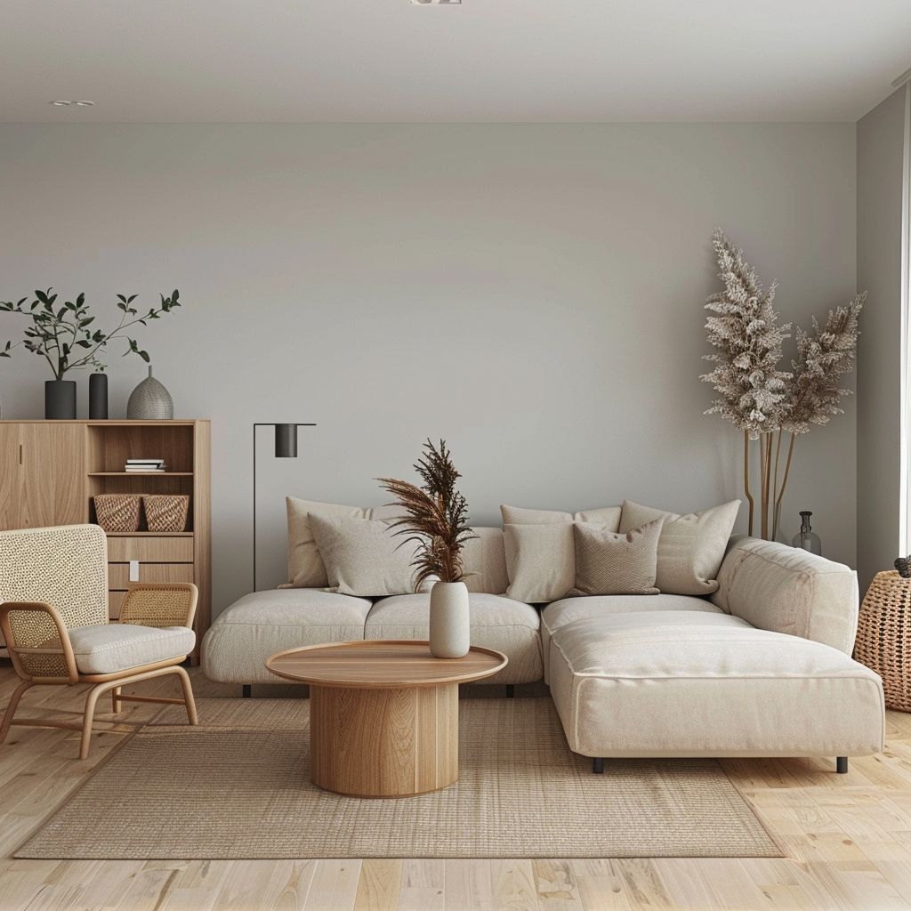 Cozy Scandinavian Living Room: Wood, Beige & White Harmony