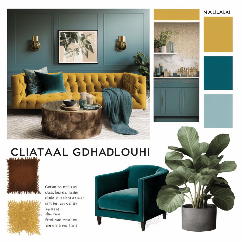 Transitional Living Room: Mustard Sofa & Peacock Blue Accents