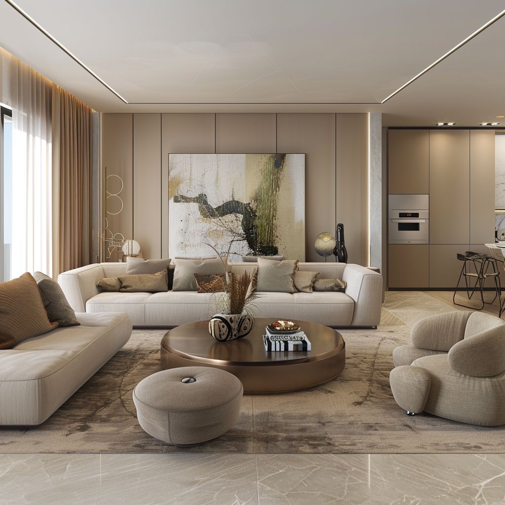 Contemporary Living Room Design with Tan, Beige, and Ivory Tones