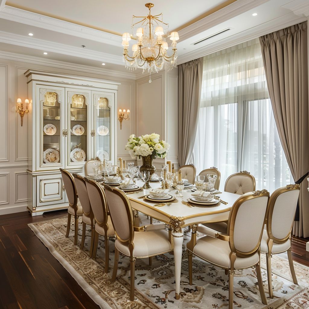 Elegant Victorian Dining Room for 12 with Gold and White Accents