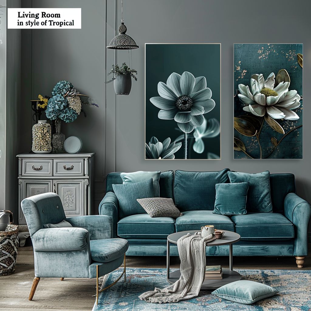 Tropical Living Room: Slate Blue, Grey & Teal Oasis