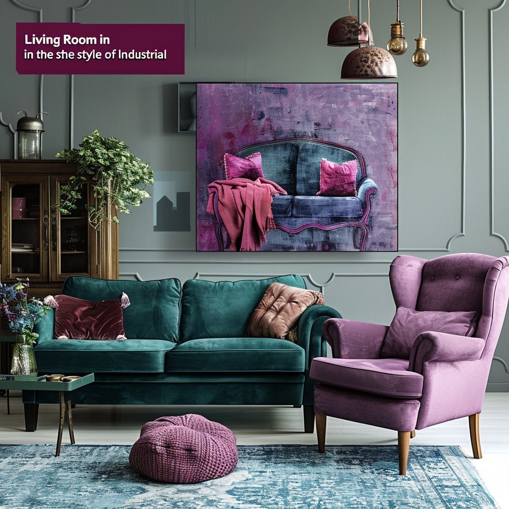 Industrial Living Room: Blue, Green & Purple Fusion