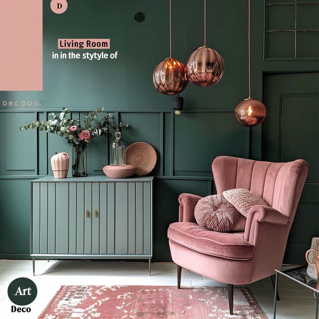 Art Deco Living Room: Forest Green & Dusty Rose Elegance