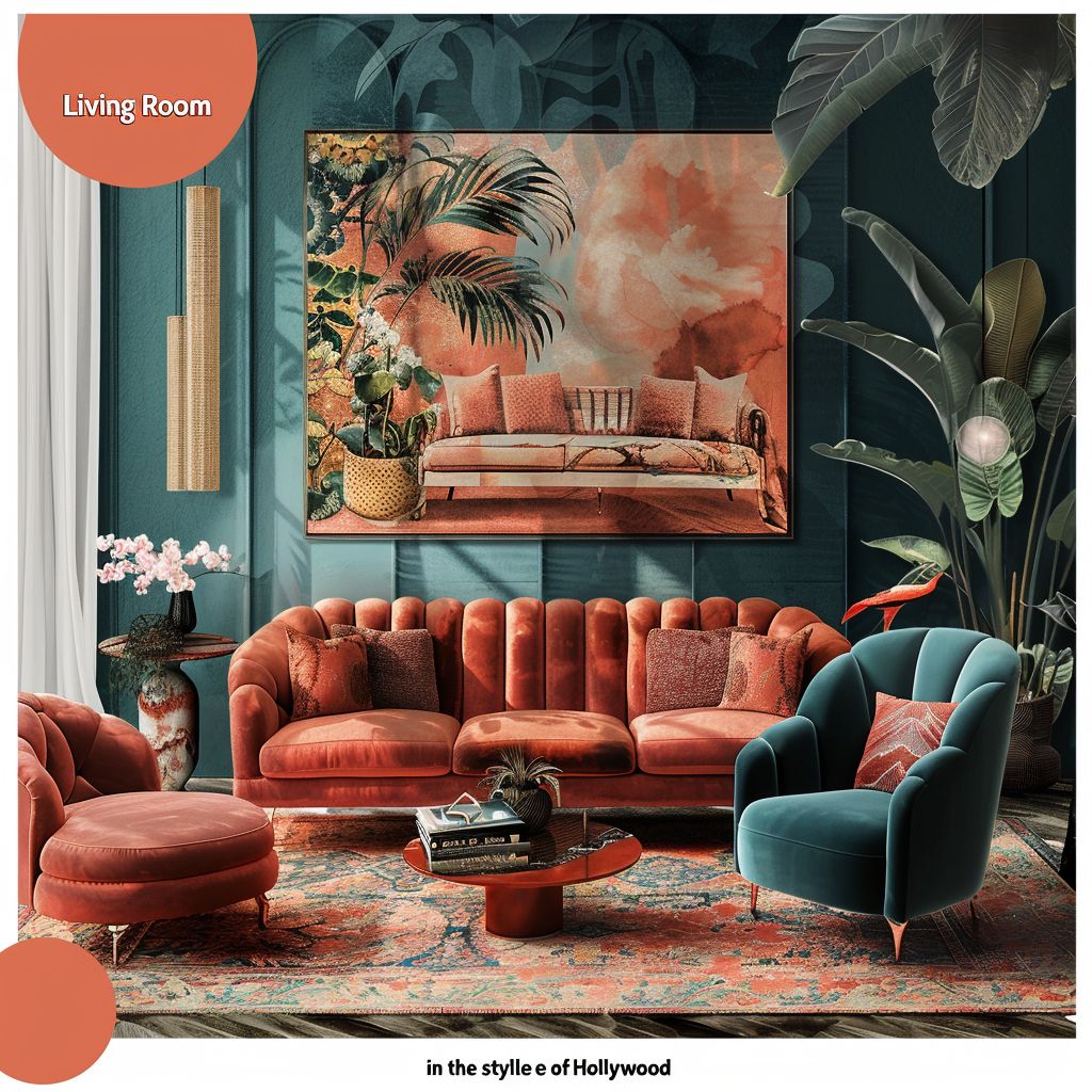 Hollywood Regency Living Room: Teal, Coral & Mauve Elegance