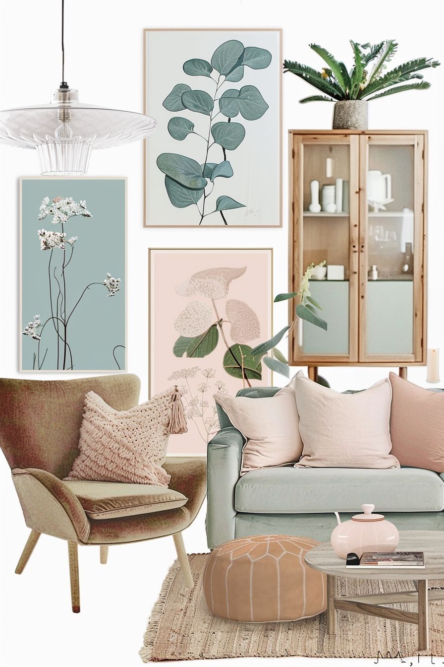 Scandinavian Living Room: Light Pink, Blue & Green Harmony