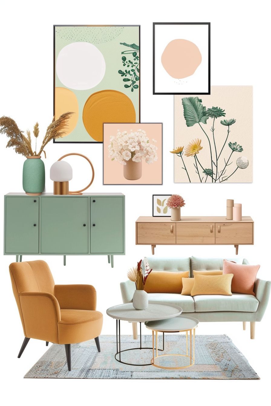 Scandinavian Living Room: Mint Green, Light Yellow & Peach Bliss