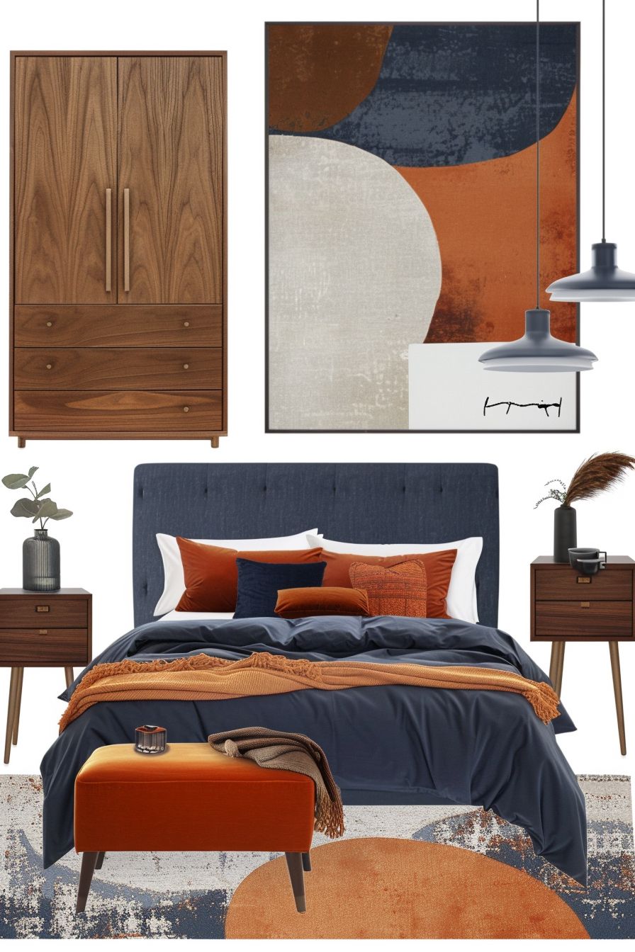 Mid-Century Modern Bedroom: Navy Blue & Burnt Orange Charisma