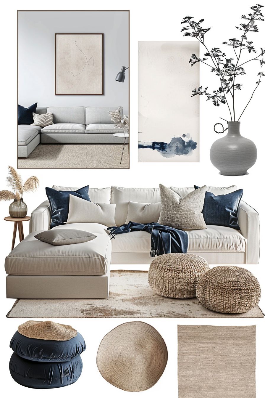 Scandinavian Living Room: White, Off-White & Navy Blue Harmony