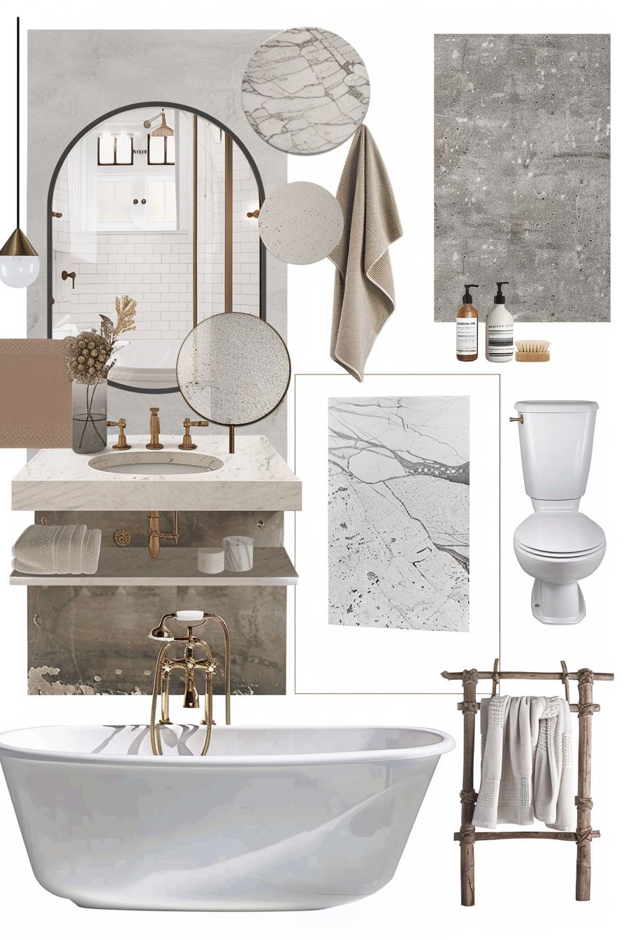 French Country Bathroom: White & Grey Elegance with Brass Accents