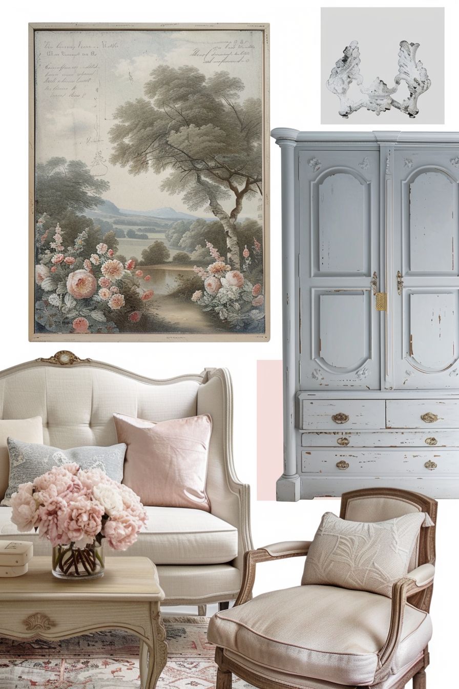 French Country Living Room: Powder Blue, Pink & Beige Delight