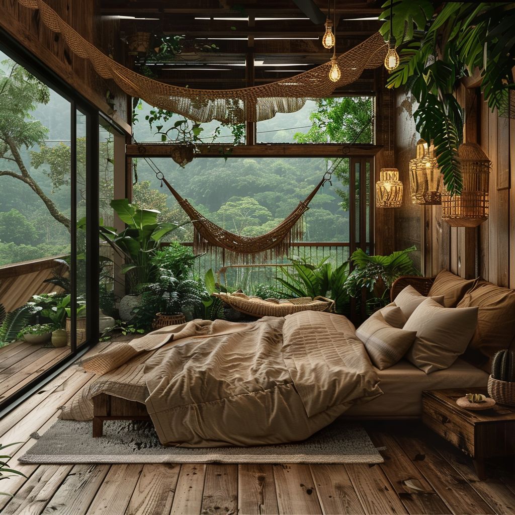 Rustic Treehouse Bedroom with Tan, Beige, and Ivory Hues