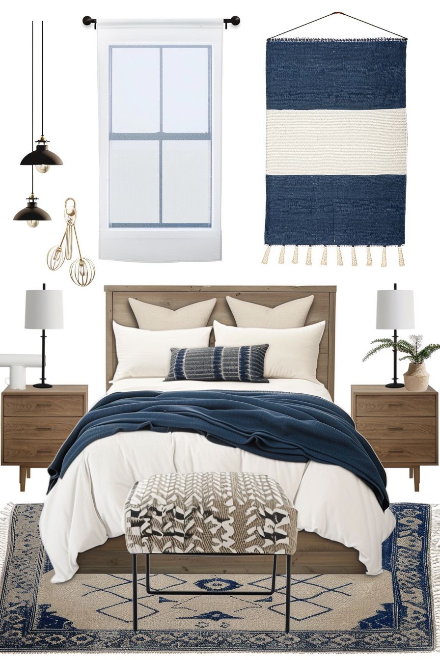 Minimalist Bedroom: White, Off-White & Navy Blue Serenity