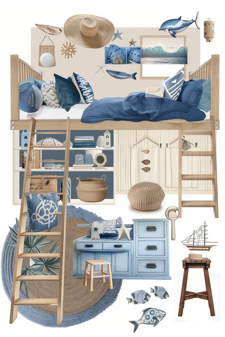 Enchanting Coastal Kids Room: Bunk Bed, Study Desk & Toy Storage