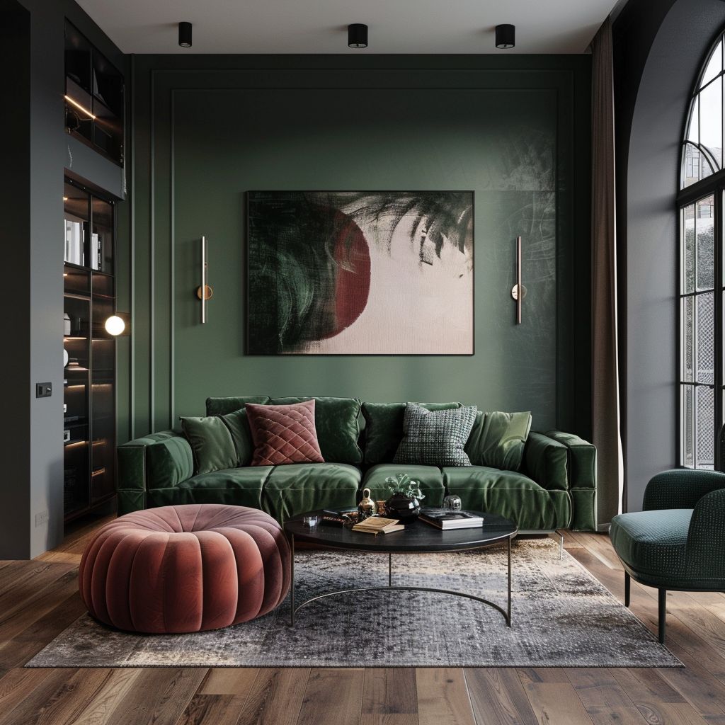 Modern Living Room with Forest Green and Dusty Rose Hues