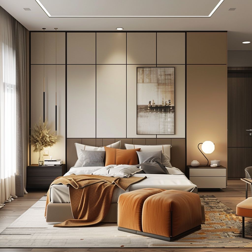 Elegant Contemporary Bedroom with Tan, Beige, and Ivory Accents