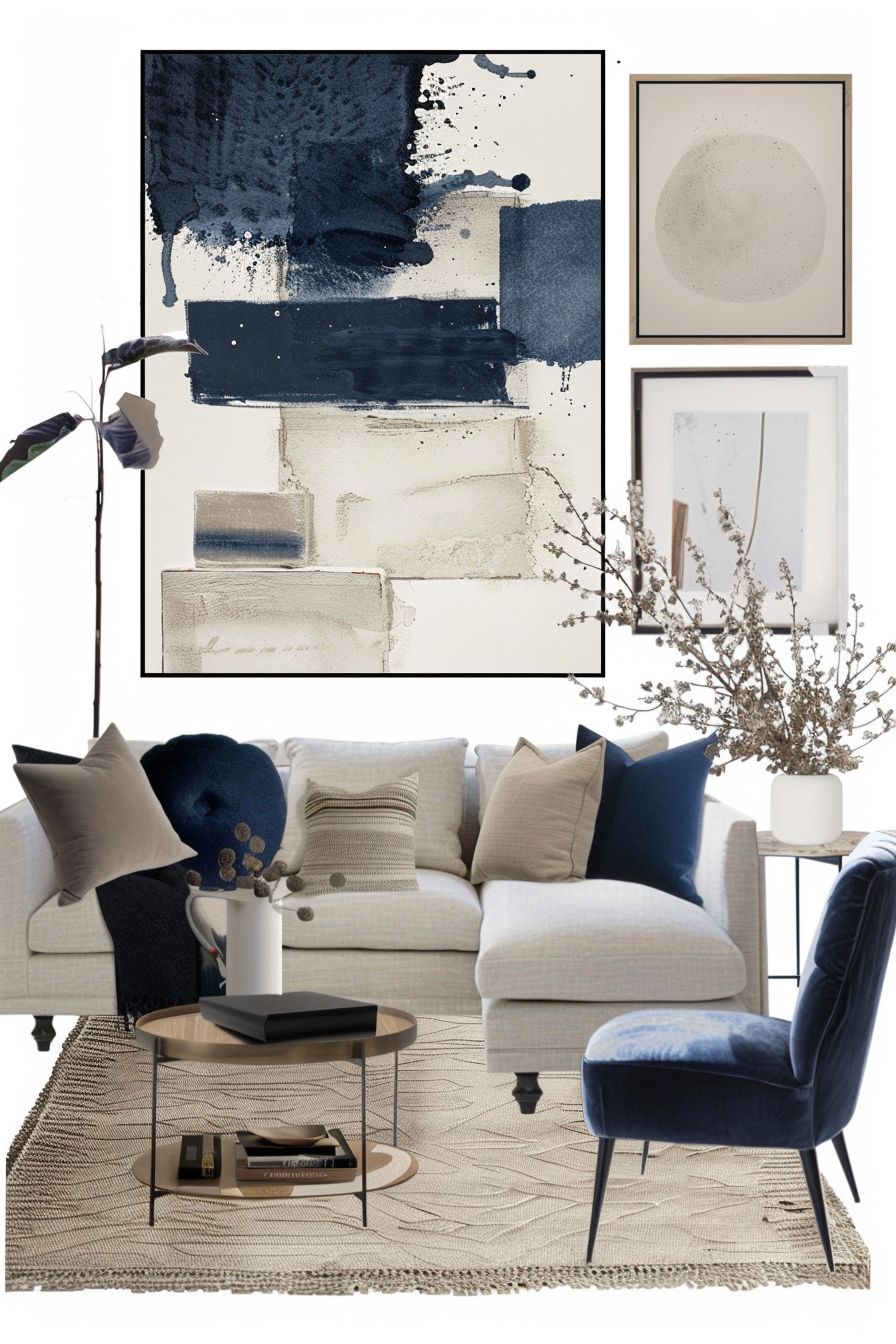 Elegant Living Room Interior Design with Navy Blue & White Hues