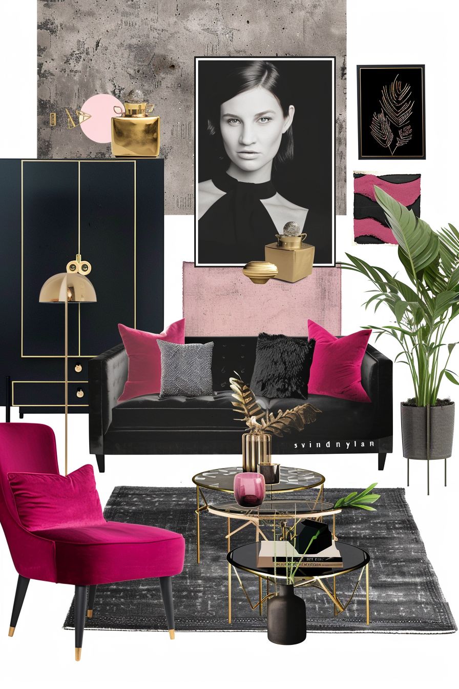 Contemporary Living Room: Black, Hot Pink & Gold Elegance