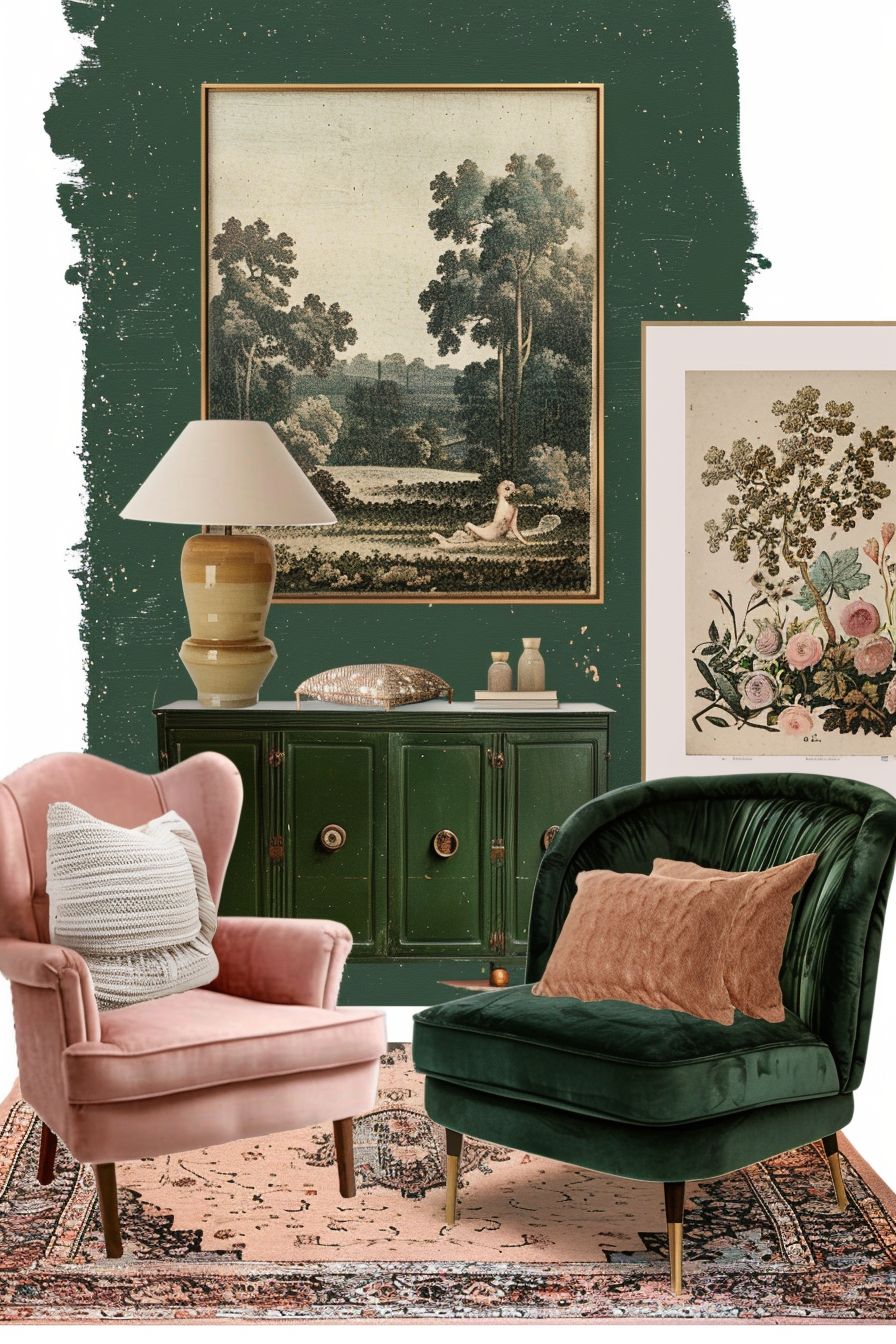 Farmhouse Living Room: Forest Green & Dusty Rose Retreat