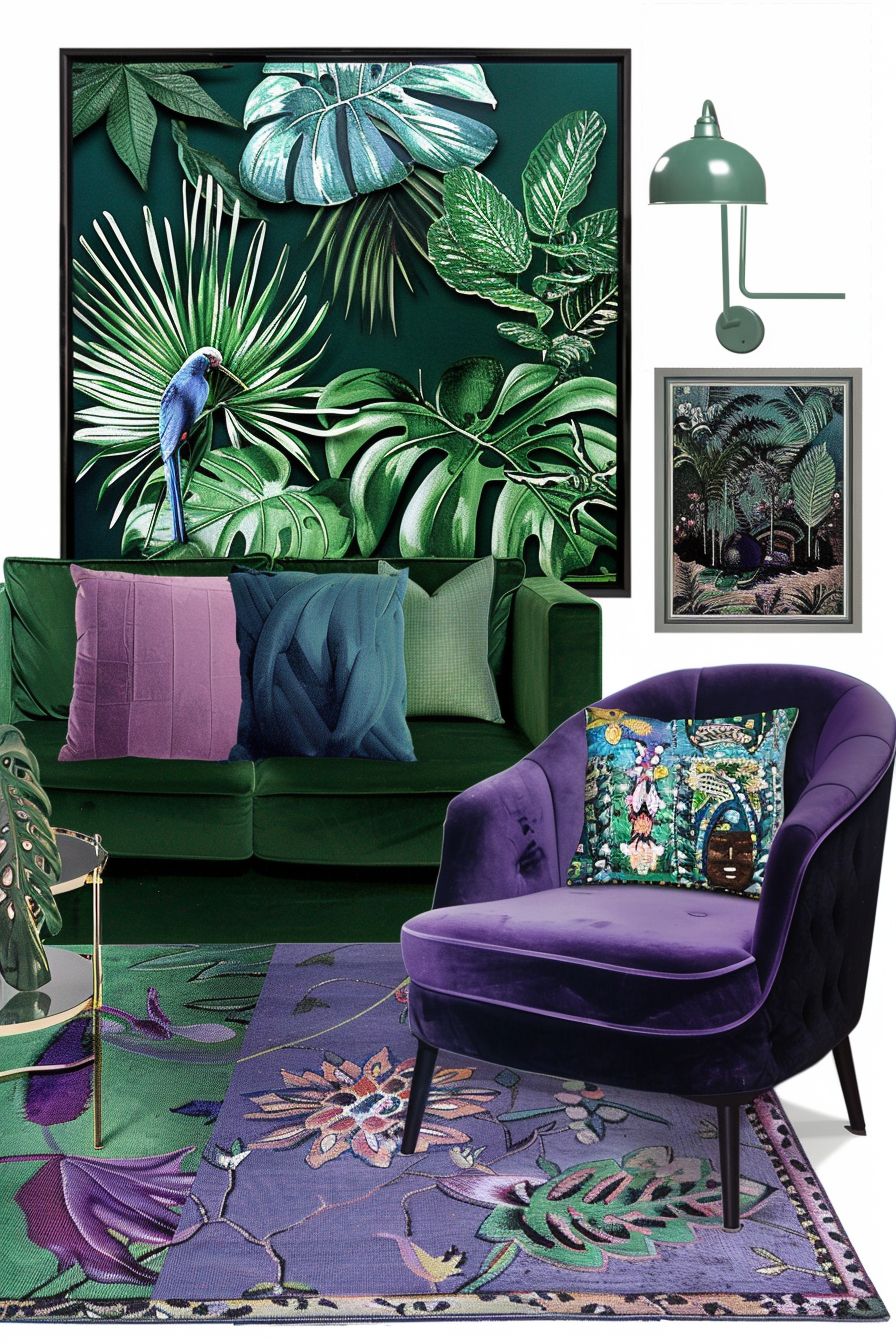 Tropical Living Room: Vibrant Elegance with Blue, Green & Purple