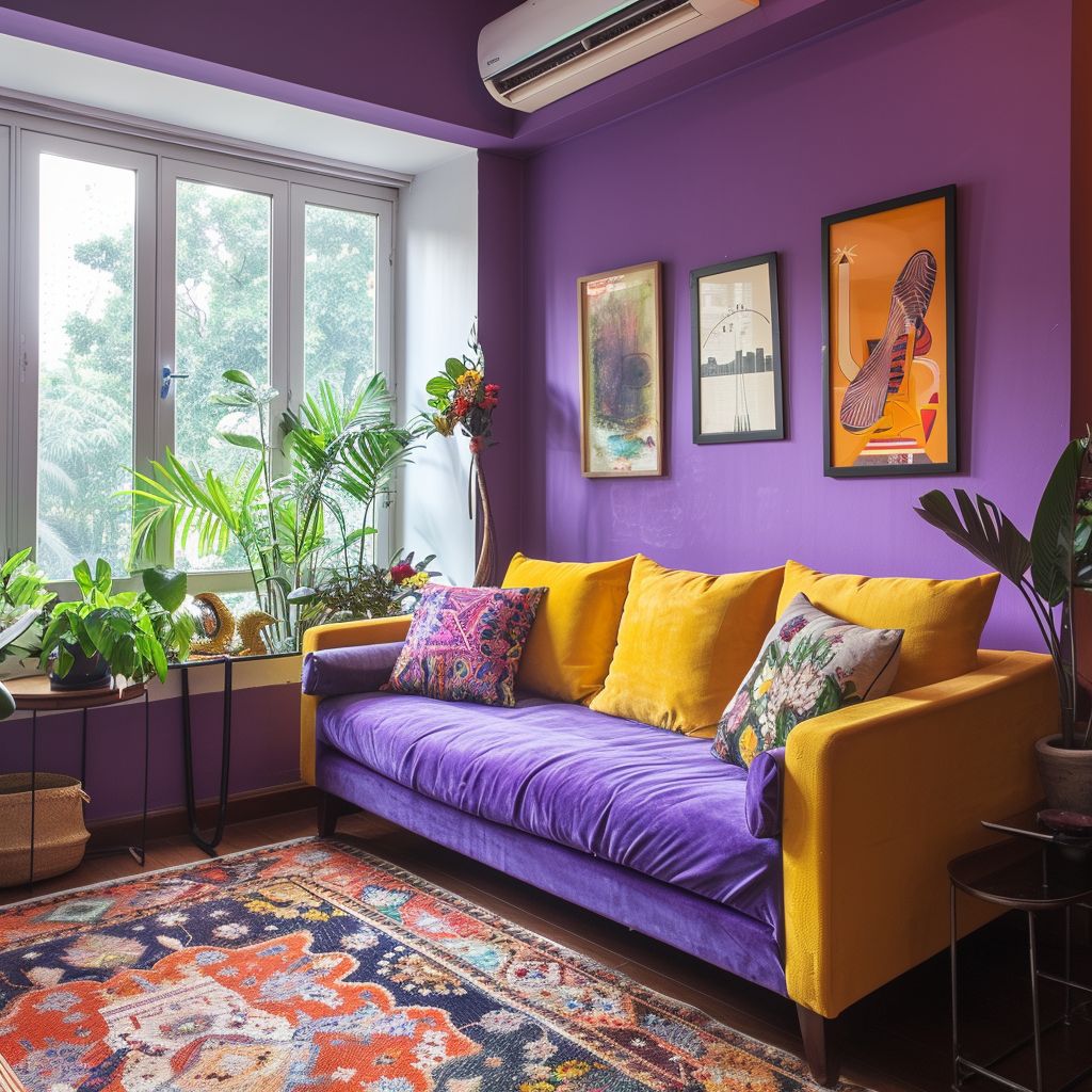 Minimalist Living Room Design with Purple and Mustard Yellow Hues