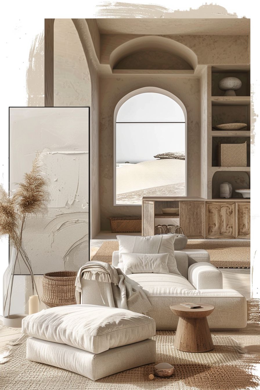 Mediterranean Living Room: Artful Elegance in White & Beige