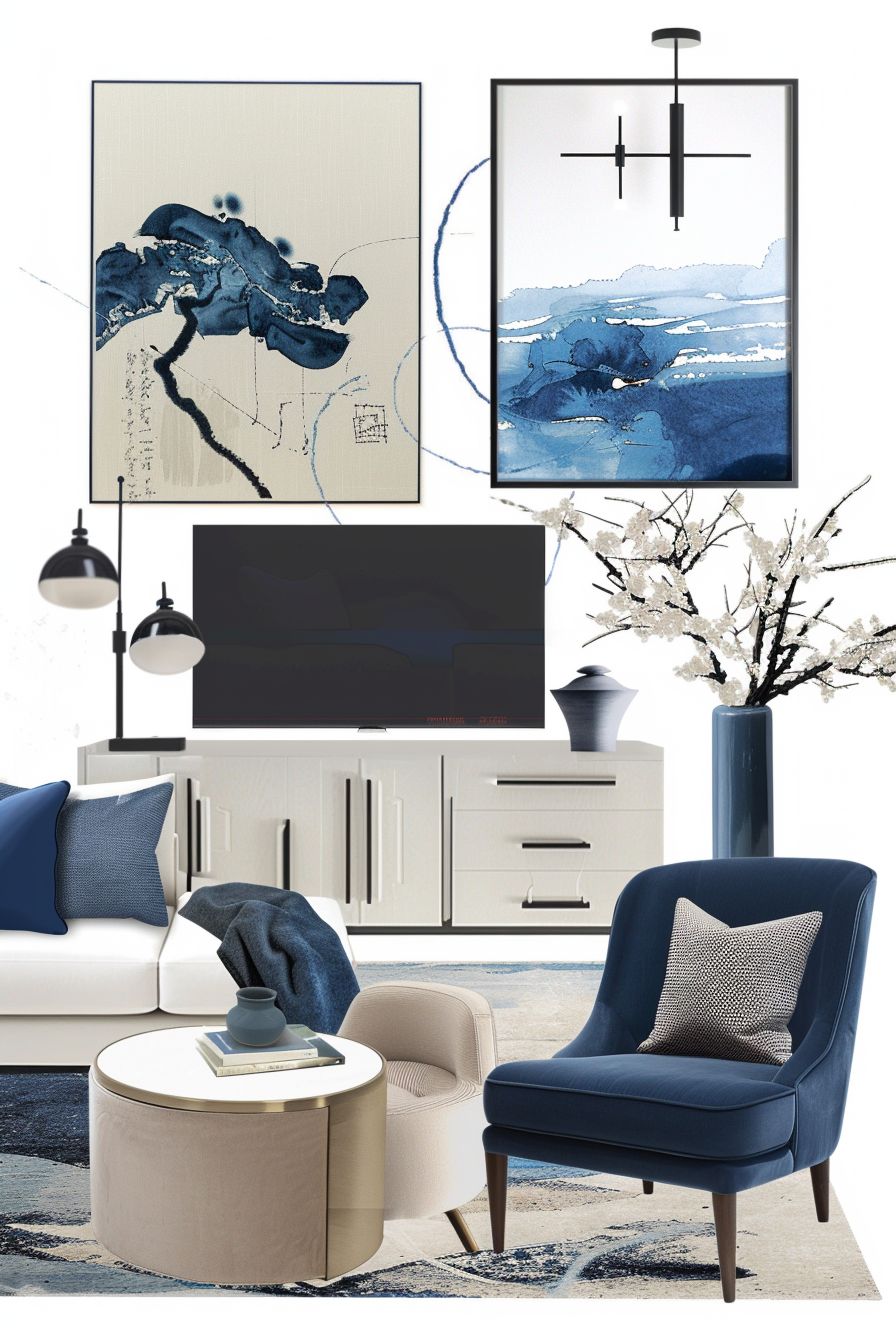 Modern Living Room Inspiration: White, Off-White & Navy Blue