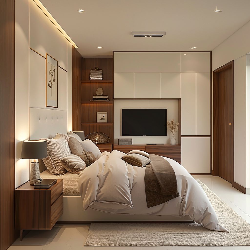 Modern Bedroom Oasis with White, Beige, and Light Brown Hues